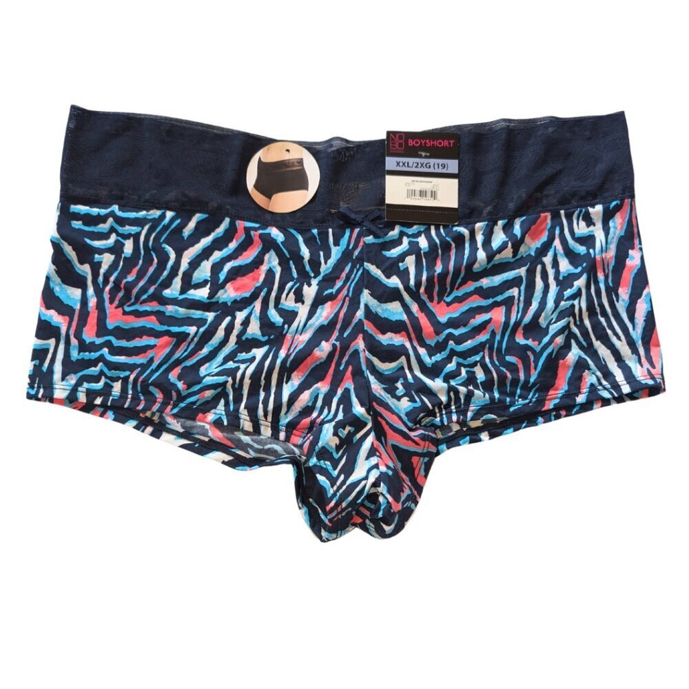 XXL 2XG BLUE BOYSHORT PANTIES LACE PRINT NO BIND BAND SILKY GATHERED BACK NWT